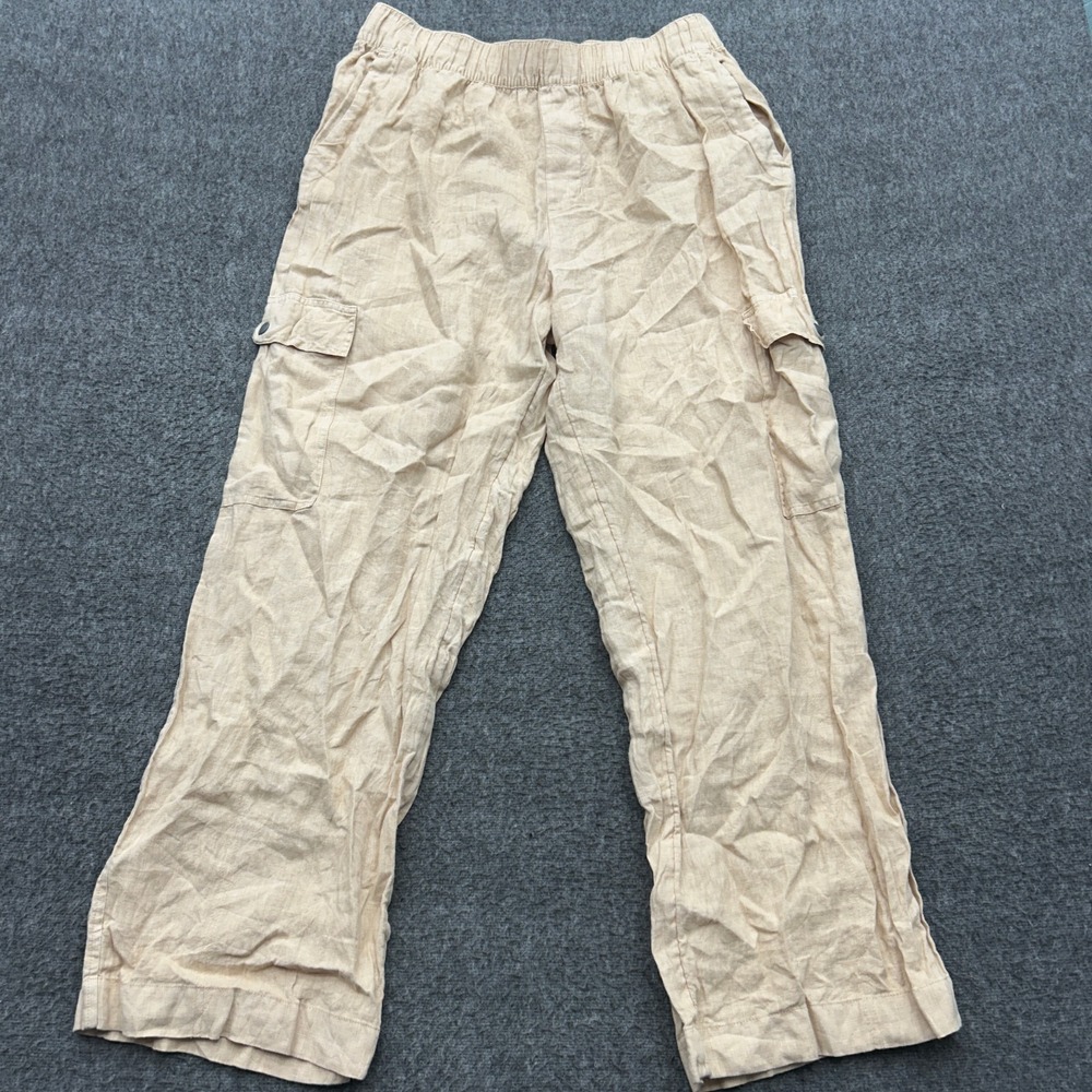 C&C California 100% Linen Cargo Pants Large Wide Leg Pull On